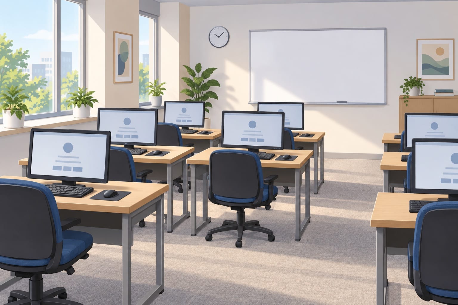 Un'aula informatica di un CPIA preparata per il test di conoscenza della lingua italiana A2